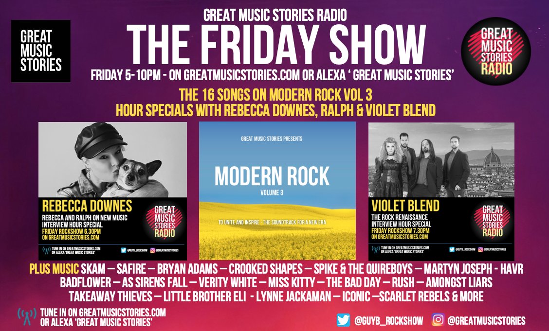 Friday Rockshow: 
Fri 5pm: The big 16 for #ModernRock Vol 3 revealed, new hour specials <a href="/RebeccaDownesUK/">Rebecca Downes</a> &amp; <a href="/VioletBlend/">Violet Blend</a> &amp; lashings of fine tunes <a href="/SKAM_UK/">SKAM</a> <a href="/crookedshapes/">Crooked Shapes</a> <a href="/SpikeQuireboys/">The Quireboys Spike Official</a> <a href="/Safireband/">Safirebandni</a> <a href="/ScarletRebels/">Scarlet Rebels</a> <a href="/lynnejackaman/">Lynne Jackaman</a> <a href="/LittleBroEli/">Little Brother Eli</a> <a href="/TakeawayThieves/">Takeaway Thieves</a> @amongstliars &amp; more x