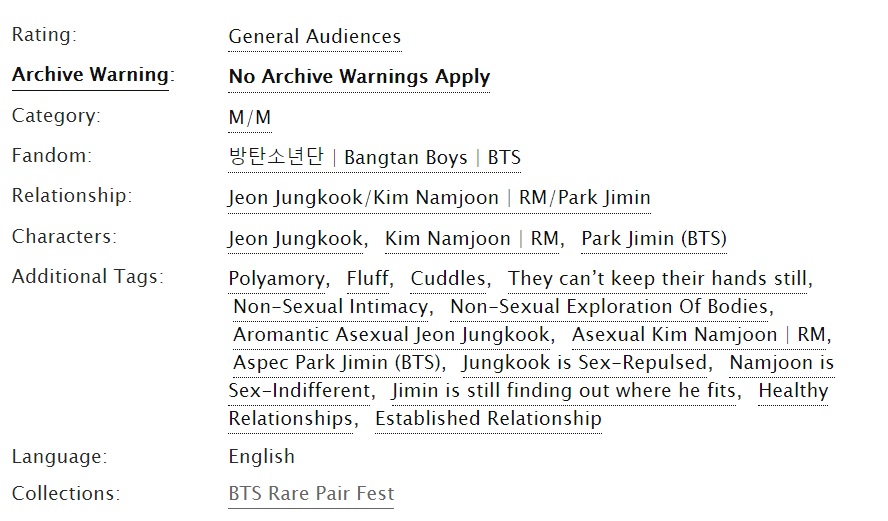 💜 Purple &amp; Green 💚

- Minjoonkook
- 3,2k
- Rating G
- Established relationship, polyamory, non-sexual intimacy
- Aroace JK, ace NJ &amp; aspec JM
- For <a href="/btsrarepair/">BTS Rare Pair Fest S2 {Reveals in Pinned}</a> 

🔗archiveofourown.org/works/28507353