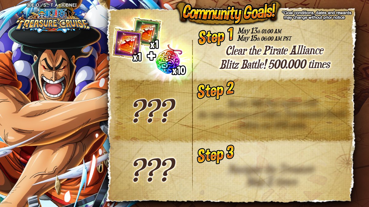 ONE_PIECE_TC's tweet photo. Nakama,

We have an exciting Community Goal Campaign for you all in which you can earn amazing rewards to celebrate the 8th Anniversary! 

Complete Step 1 by clearing the Pirate Alliance Blitz Battle 500,000 times!

#OPTC #OPTC8th https://t.co/YZiQpr5ynh