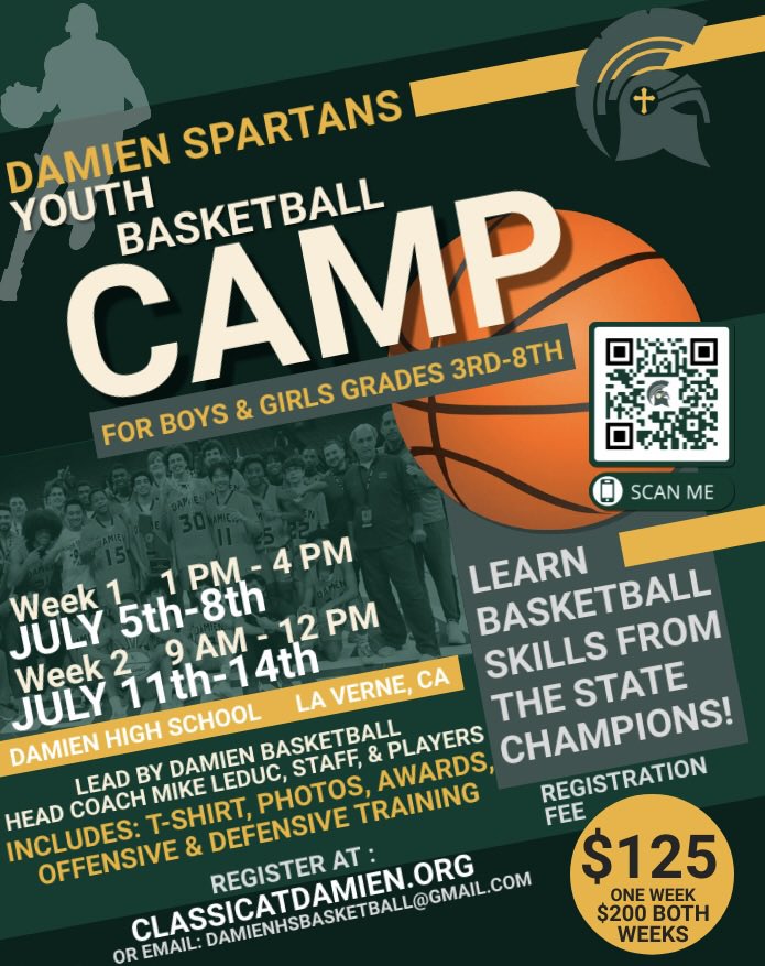 DamienBasketba1's tweet photo. 🚨ANNOUNCEMENT🚨
The Division 1 State Champion Damien Basketball Program🏆💚💛 will be hosting the 2022 Youth Camp this July! All Boys &amp; Girls grades 3rd-8th are invited to improve their SKILLS &amp; HAVE FUN!🏀

Registration is now open online at: https://t.co/0NIBJAlzcp 🔥 https://t.co/ppLQBGfAbo