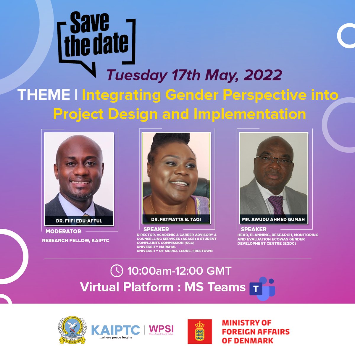 KaiptcGh's tweet photo. With funding support from the Ministry of Foreign Affairs of the Government of Denmark, our Women, Peace and Security Institute will hold a webinar on Tuesday, 17th May at 10am GMT.  You can participate virtually; https://t.co/rJQpT8X41Z #KAIPTC @DKAmbGhana @wpsi_kaiptc #Denmark https://t.co/cJOYwi8sxf
