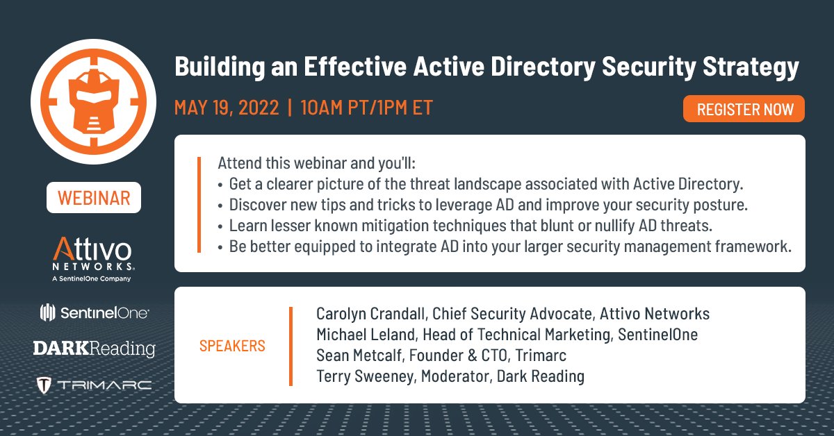 Attivo Networks®, a SentinelOne Company (@attivonetworks) on Twitter photo For #cybercriminals, Microsoft’s #ActiveDirectory is a treasure trove of user #identity and system access. Don't miss <a href="/DarkReading/">Dark Reading</a>'s upcoming webinar, Building an Effective Active Directory Security Strategy, on May 19th at 10:00 am PT. Register here: ow.ly/C68t50J0SZf For #cybercriminals, Microsoft’s #ActiveDirectory is a treasure trove of user #identity and system access. Don't miss <a href="/DarkReading/">Dark Reading</a>'s upcoming webinar, Building an Effective Active Directory Security Strategy, on May 19th at 10:00 am PT. Register here: ow.ly/C68t50J0SZf