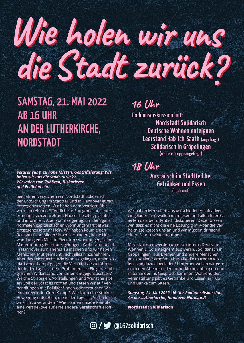 167Solidarisch's tweet photo. Nächstes Wochenende machen wir eine geile Veranstaltung! 

Wir haben uns einige Mitstreiter*innen eingeladen und wollen gemeinsam mit euch diskutieren. Dazu gibt es Kaltgetränke und vielleicht werfen wir den Grill an. 
Also kommt rum! #Hannover #Miete #Enteignen #Klassenkampf https://t.co/DyBavtFkag