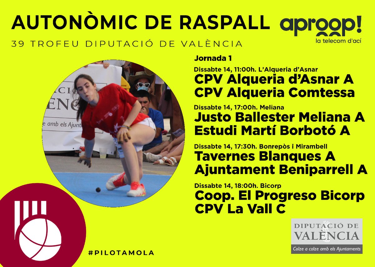 AproopT's tweet photo. Entra en acció la primera categoria femenina del Campionat Autonòmic aproop! de raspall patrocinat per aquesta operadora. Este dissabte 14 l'emoció comença a l'#AlqueriaDAsnar.
Que guanyen les millors! 💪⚾
📷 @fedpival
#aprooptelecom #pilotamola #raspall #pilotavalenciana https://t.co/sdzM2SWr7p