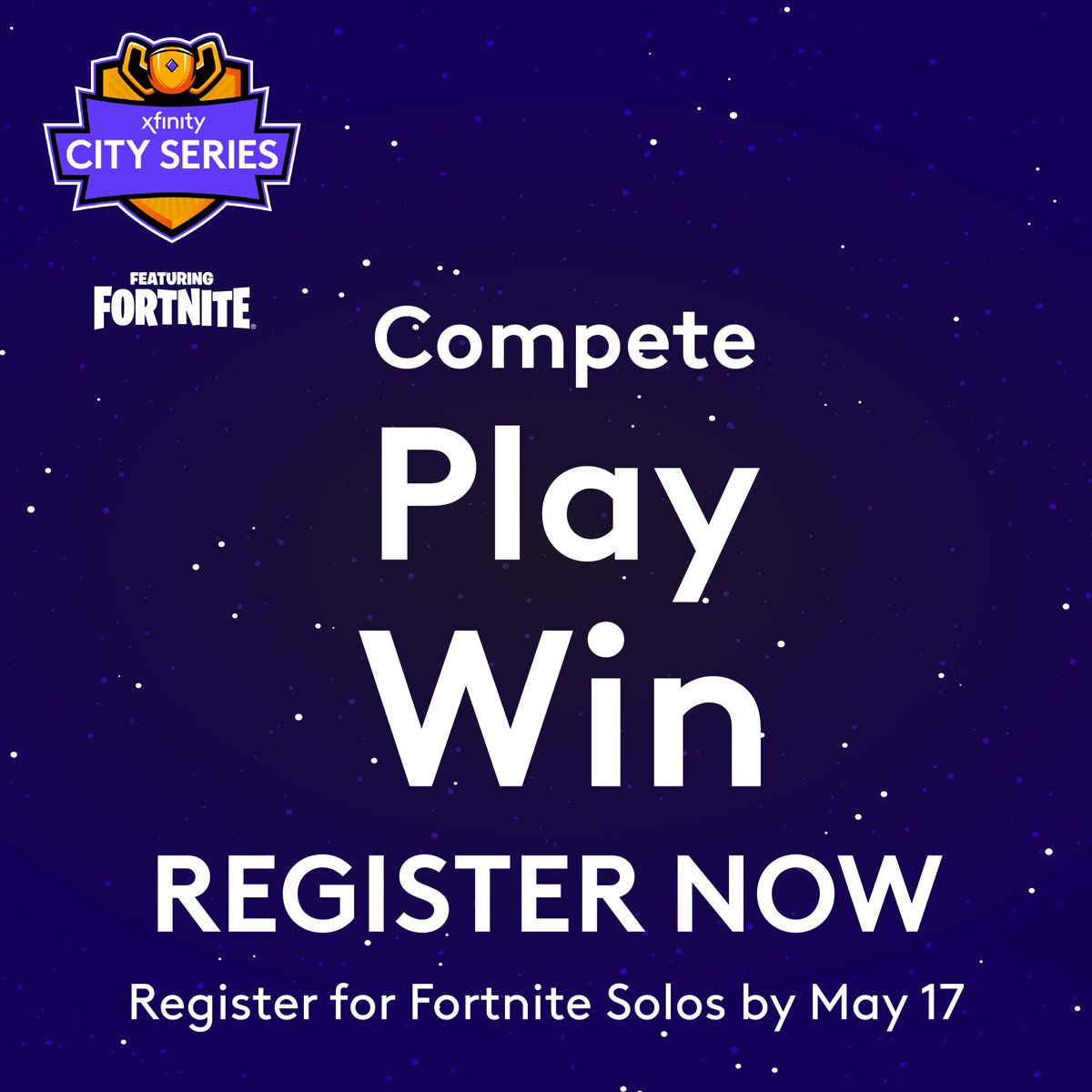 The <a href="/Xfinity/">Xfinity</a> City Series’ Fortnite Duos tourney bracket is already set for this weekend, but you can still register for the Solos tourney taking place May 19th-22nd! The top 8 finishers win prizing - take the chance. Register now: bit.ly/XCS-MC