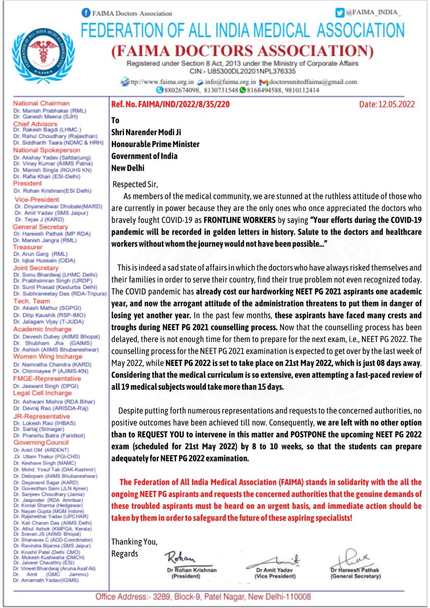 FAIMA_INDIA_'s tweet photo. Docs Protest  for the rightful cause of #POSTPONENEETPG2022, 
is not been considered by @MoHFW_INDIA.
Their demands is genuine &amp; legit.
We request @PMOIndia @narendramodi to hear us. 
Docs are asking for 8-10 wks postpone of NEET PG. 
This is very serious issue. @DrRohanKrishna3 https://t.co/WXnxmAwNAF