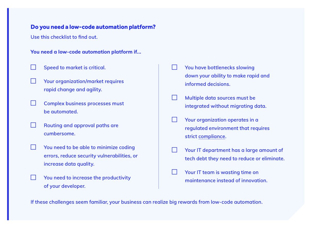 SparkEquation's tweet photo. Low-code automation offers a world of opportunities for IT departments that have limited time and resources but need to meet high demand. Use our checklist to find out if low-code is right for you. ✨ Save it ⬇️ https://t.co/aghYC28Tvz