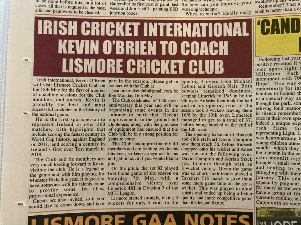 Looking forward to having <a href="/KevinOBrien113/">Kevin O'Brien</a> come down to <a href="/LismoreCC/">🇮🇪🏰🏏 Lismore Cricket Club</a> on the 18th May for the first Coaching session - one of a series of events to celebrate the Club's 150th year anniversary. Members are looking forward to working with him on developing their cricket skills.