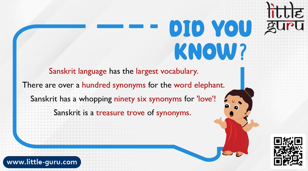 LittleGSanskrit's tweet photo. Did you know this interesting fact about Sanskrit Language?
Sanskrit Language has the largest vocabulary.
#Sanskrit #Interstingfacts #LearnSanskritWithLittleGuru #eLearning #Vocabulary #DivineLanguage https://t.co/OglUhlI5Bd