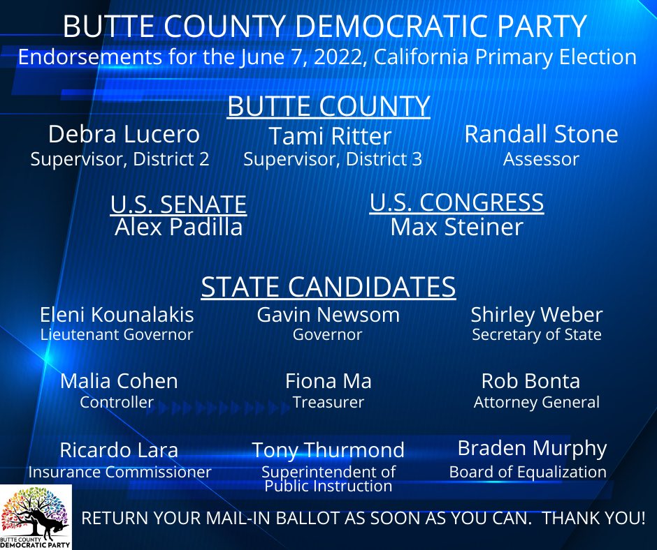 ButteCountyDems's tweet photo. Here’s your voter guide! Remember to vote for Senator Padilla in the special and regular elections! #californiablue https://t.co/IDfFEzKNIm