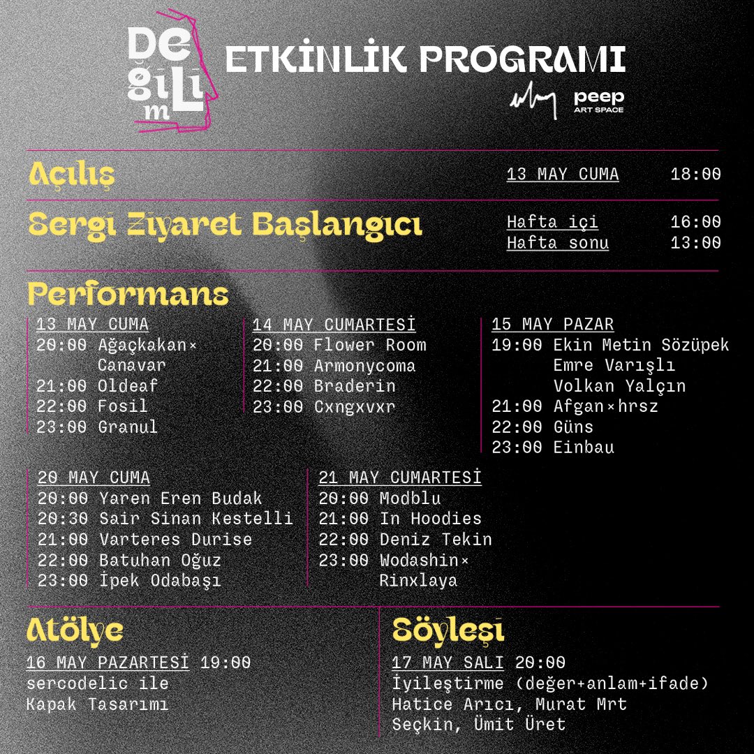 ‘Değilim’ sergimiz yarın Beyoğlu Peep Art Space’te başlıyor. 9 gün ziyarete açık olacak sergi türlü konserler, performanslar, atölye ve söyleşiyle sizleri bekliyor.