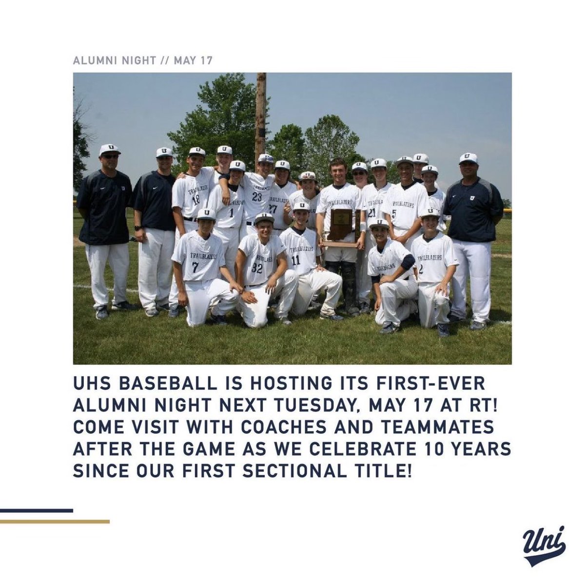 UniversityBB's tweet photo. ⚠️ CALLING ALL ALUMNI ⚠️

Former @UniversityBB players, alumni night this Tuesday, May 17th! 

Come out to @RoundTripperAca to watch the game and catch up!

#TheU https://t.co/jMAcOMuMLF