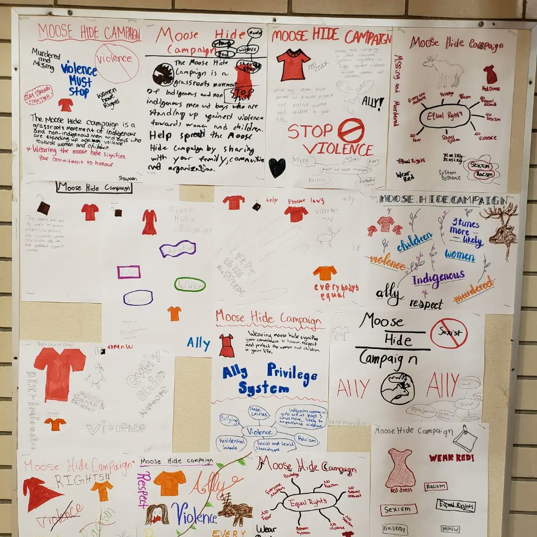 MrsSurkan's tweet photo. So grateful to have an amazing group of students in my Gr 9 PE class! We are all wearing our Moose Hide Pins and spent time creating posters this morning while engaging in respectful and meaningful learning. @Moose_Hide @BalfourColl @RegPublicSchool https://t.co/uHtW5rOnQU