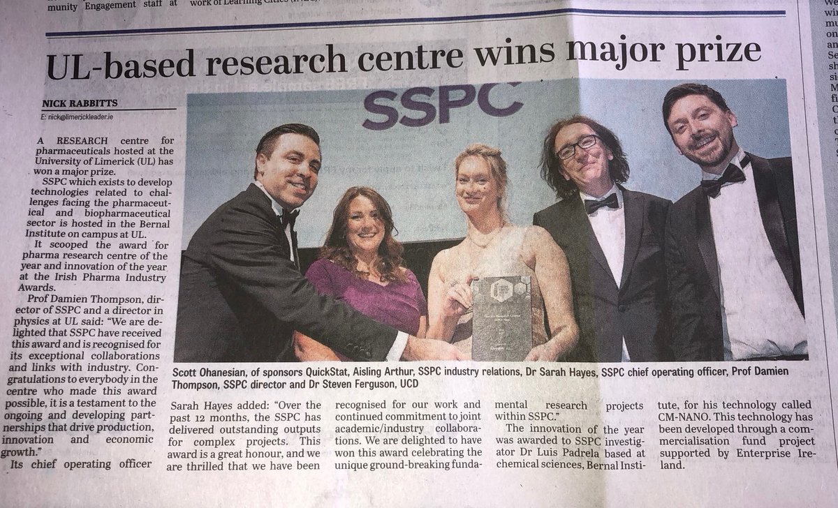 Very proud of my brilliant cousin <a href="/SorchaNiAodh/">Dr Sarah Hayes</a> and the team at <a href="/SSPCentre/">SSPC</a> in Limerick for winning the pharma research centre of the year and innovation of the year awards at the Irish pharma industry awards 👏🏽 Lots of hard work paying off!