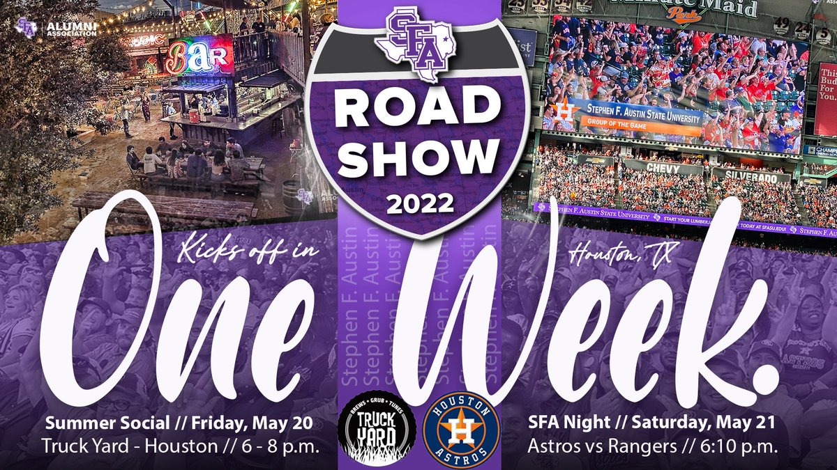 sfa_alumni's tweet photo. The #SFARoadShow officially kicks off in☝️WEEK in Houston!

We'll see you at The Truck Yard on Friday, May 20. Be sure and REGISTER/RSVP at https://t.co/KgRVvNOPKG.

On May 21 we'll be at Minute Maid Park. Visit https://t.co/UJh7STmSOe for tickets and your special Astros/SFA hat! https://t.co/KfyHS0t7Xw
