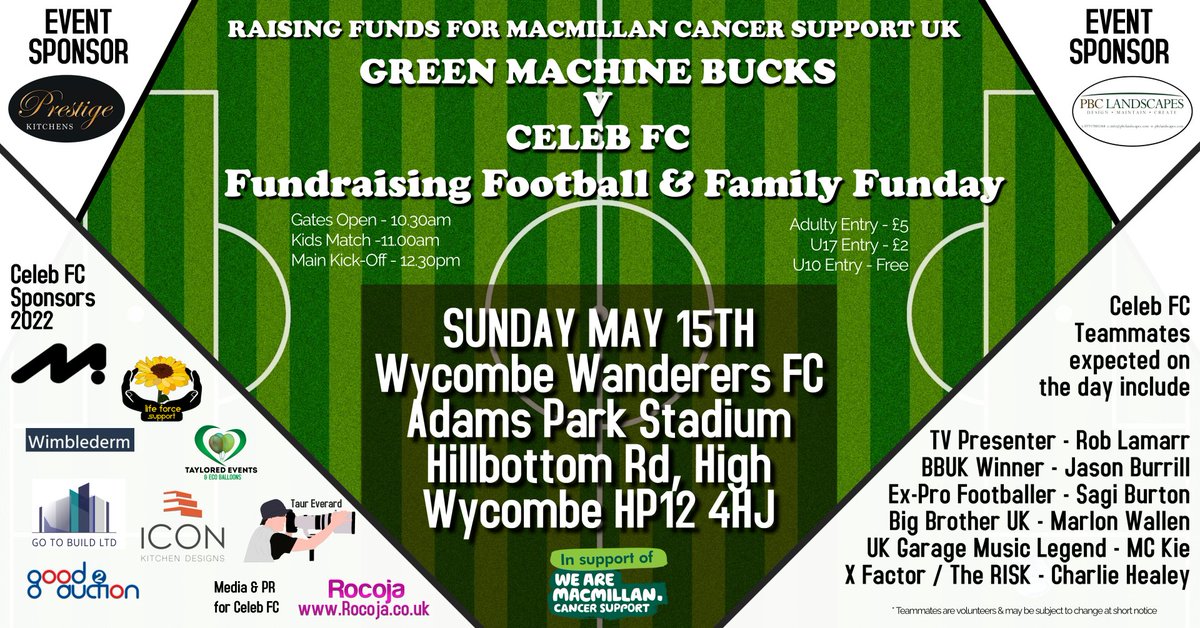 THIS WEEKEND!  
<a href="/Celeb_FC/">Celeb_FC</a>
 #Fundraising #Football #CelebFC 
at <a href="/wwfcofficial/">Wycombe Wanderers</a> with <a href="/GMFCSUNDAYS/">Green Machine Sundays FC</a> 
 for 
<a href="/macmillancancer/">Macmillan Cancer Support</a>
 - #CharityFootball #CelebFC #CelebFCFamily