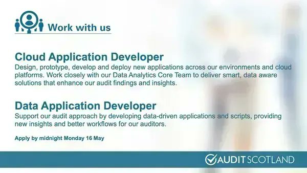 AuditScotland's tweet image. Applications for our Cloud Application Developer and Data Application Developer roles close at midnight 16 May. 

To find out more about each of the roles, please visit here: buff.ly/3kvBMx8. #SoftwareJobs #TechJobs #DigitalJob