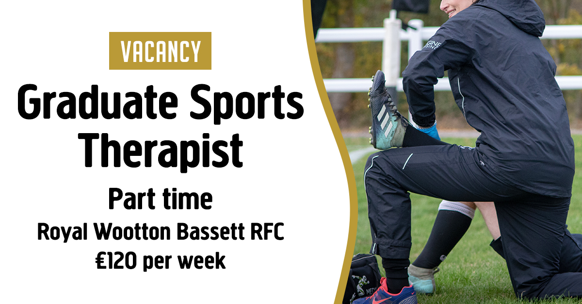 RWBassetRFC's tweet photo. Excellent opportunity to work within a multidisciplinary team at Royal Wootton Bassett RFC. Ideal for a newly-graduated Sports Therapist looking to build on skills acquired at university and gain valuable experience. See https://t.co/jlDFNTI8iu

#sportstherapy #graduates #vacancy https://t.co/X49oGVcEJK