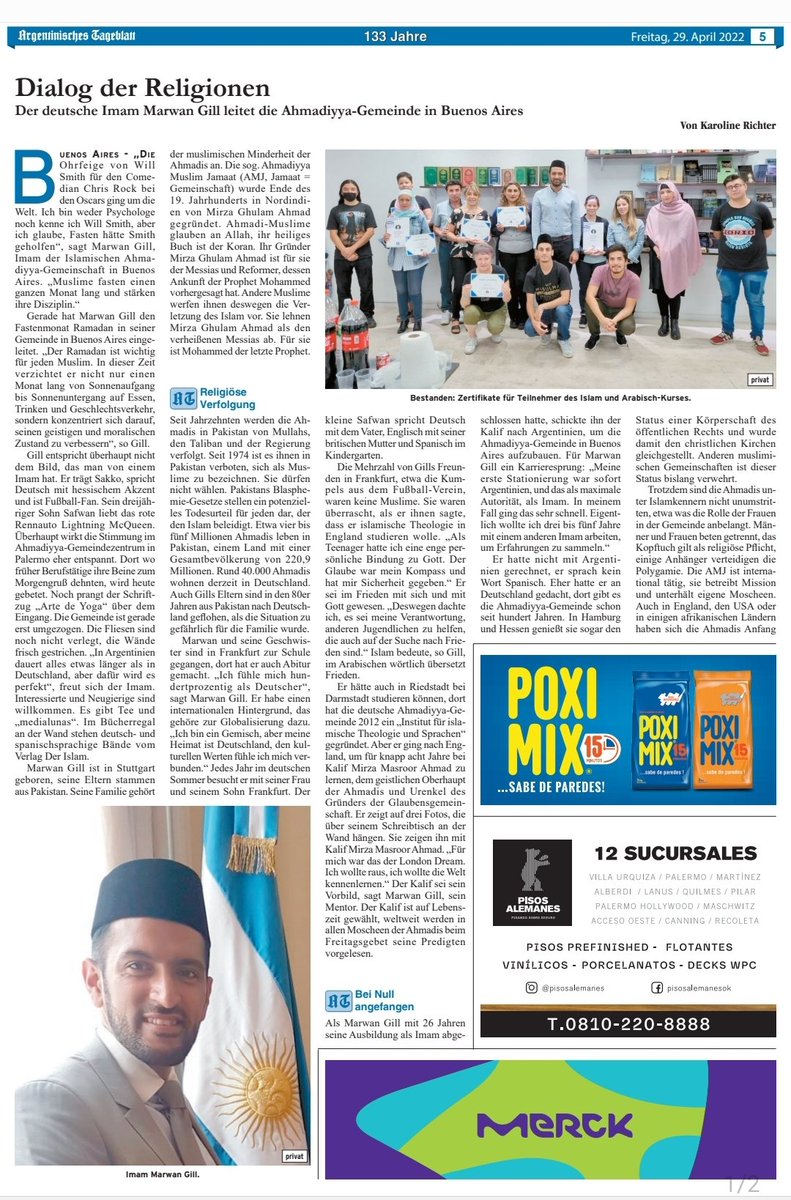 GillMarwan's tweet photo. El diario "Argentinische Tageblatt" publicó una nota en su edición especial sobre mi trabajo como alemán y como Imam de la @AhmadiaArg en #Argentina. 
Estoy muy agradecido por haberme elegido.

#Islam #Ahmadiyya https://t.co/YShSWZXVDt
