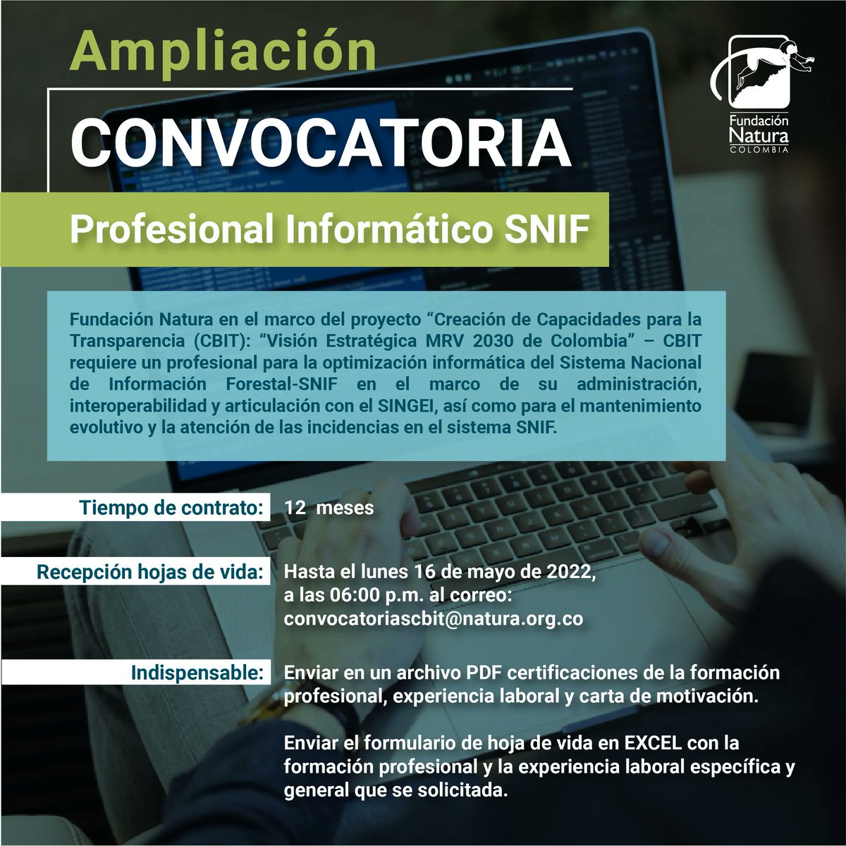 fundacionnatura's tweet photo. ¡Atención! Fundación Natura y #ProyectoCBIT:“Visión Estratégica MRV 2030 de Colombia”, requieren profesional para optimización informática del SNIF, en el marco de su administración, interoperabilidad y articulación con SINGEI.
👉Términos: https://t.co/v3BQSWWYwA
#TrabajoSiHay https://t.co/NsmGVCJ2Ln