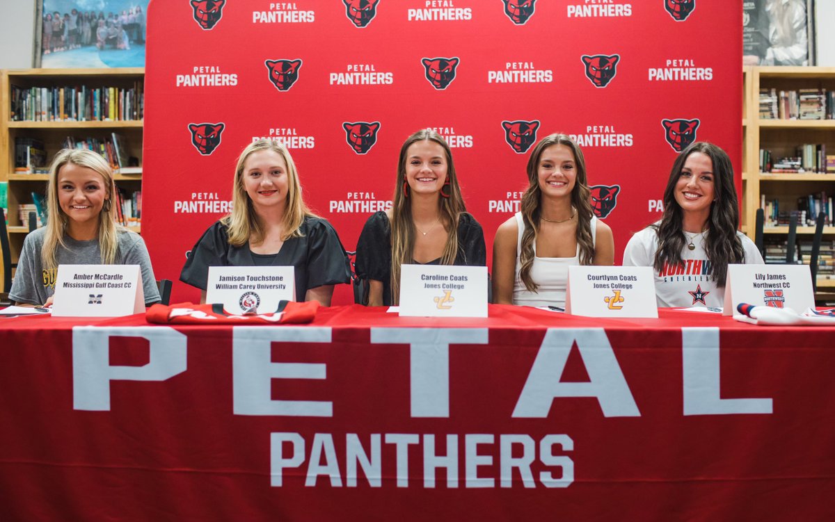 petalschools's tweet photo. Petal High School hosted 5 cheerleading scholarship signings last Friday. Congratulations to Amber McCardle – Mississippi Gulf Coast CC, Jamison Touchstone – William Carey, Caroline Coats and Courtlynn Coats – Jones, and Lily James – Northwest CC. #PantherProud #TransformThrive https://t.co/6cogYnlggt
