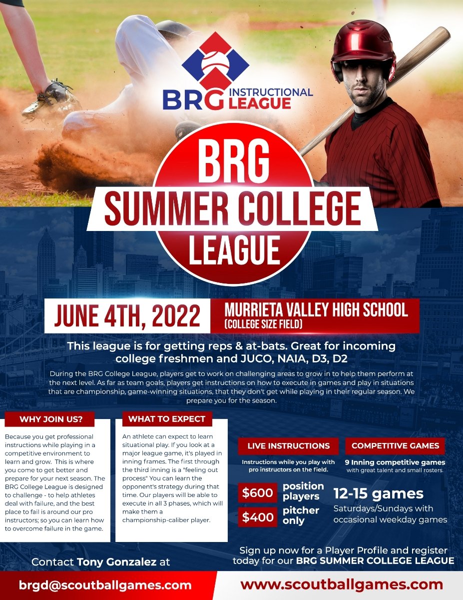 Register now!! Games played at Murrieta Valley HS. Graduated HS Seniors, College freshman,  and redshirt freshman. Contact me for more info. #teambrg #collegebaseball #inlandempire