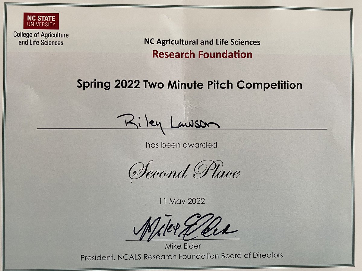 RileyLawson4's tweet photo. Last night I had the privilege of presenting my research at the NCALS Foundation 2-minute pitch competition. I took home second place, but the real fun was in networking, seeing the new @NC_PSI building, and receiving the compliment that I “made the science easy to understand”! https://t.co/DfiR3Gflf3