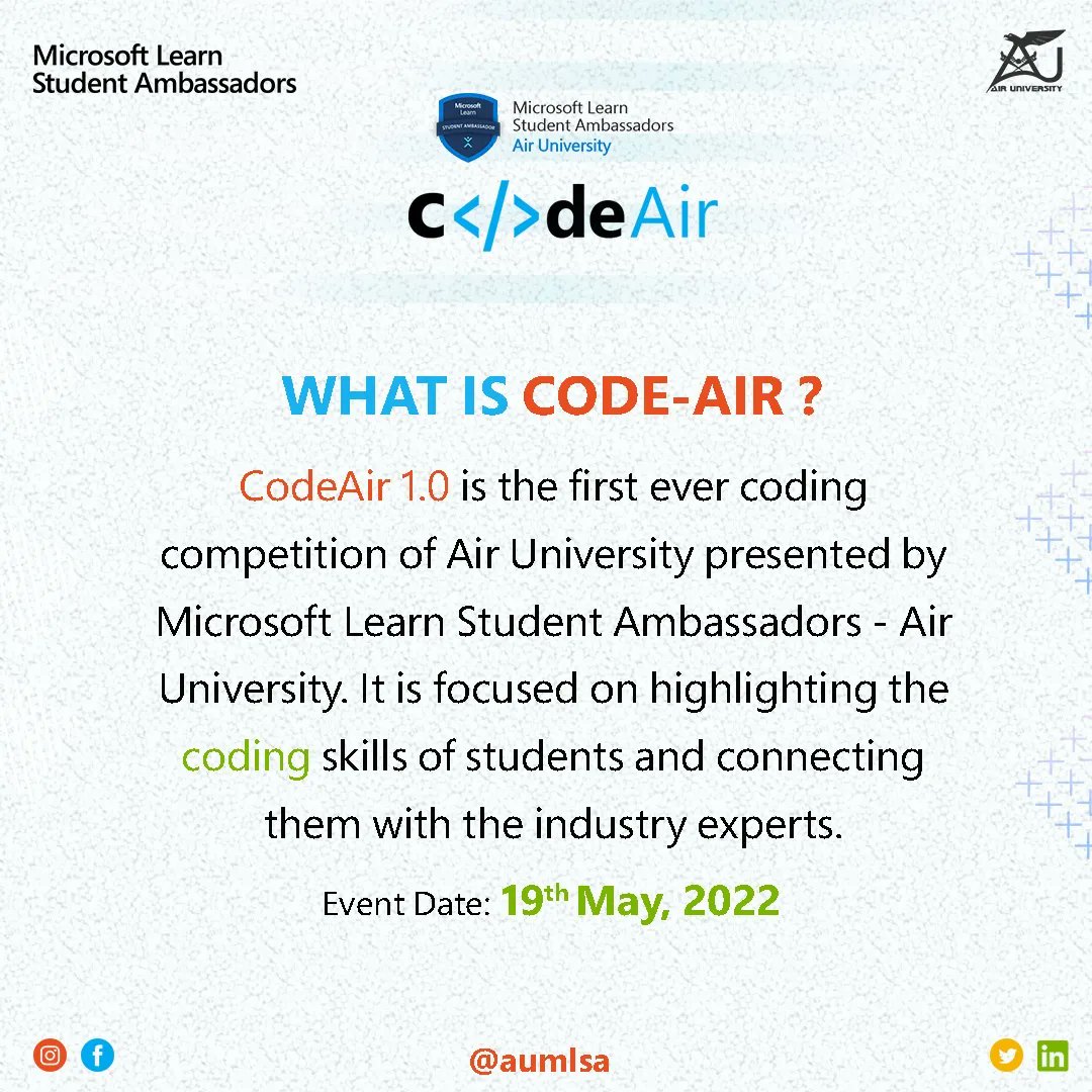aumlsa's tweet image. Do you wonder that what is CodeAir and who can apply for this?
Well, here are the small FAQs to resolve your queries. For more queries, reach out to us through DM or email at aumlsaofficial@gmail.com
#mlsa #AUMLSA #codingcompetitions #MSFTStudentAmbassadors #Microsoft #coding