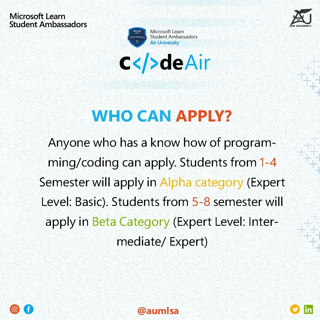 aumlsa's tweet image. Do you wonder that what is CodeAir and who can apply for this?
Well, here are the small FAQs to resolve your queries. For more queries, reach out to us through DM or email at aumlsaofficial@gmail.com
#mlsa #AUMLSA #codingcompetitions #MSFTStudentAmbassadors #Microsoft #coding