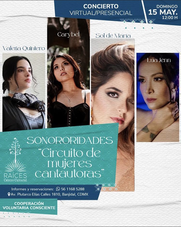 soldemariamusic's tweet photo. No se pierdan este concierto virtual/presencial el próximo domingo 15 de mayo a las 12pm junto a #Valeriaquintero @CarybelOficial #luajenn en @RaicesCCMX 

A quiénes veo por allá? https://t.co/xH7ws50dyp