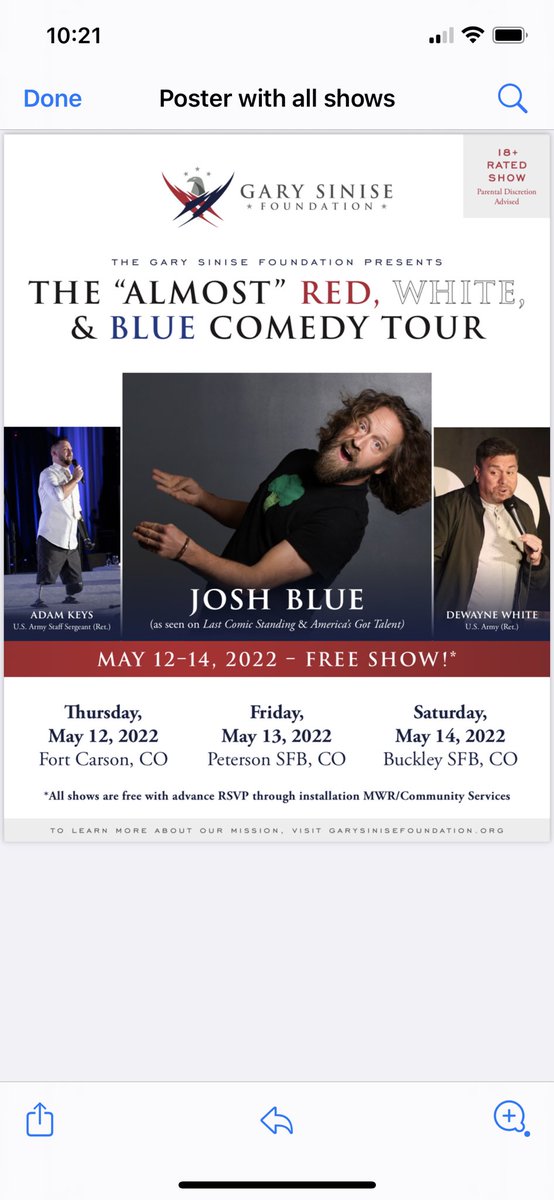 comedy_keys's tweet photo. We are a mile high and we are coming in hot! Join me @D_dub_74 and the1 and only @JoshBlueComedy tonight at @USArmy_FtCarson @GarySiniseFound @GarySinise @jsrefugee @starsandstripes https://t.co/wJPYc6tg9s