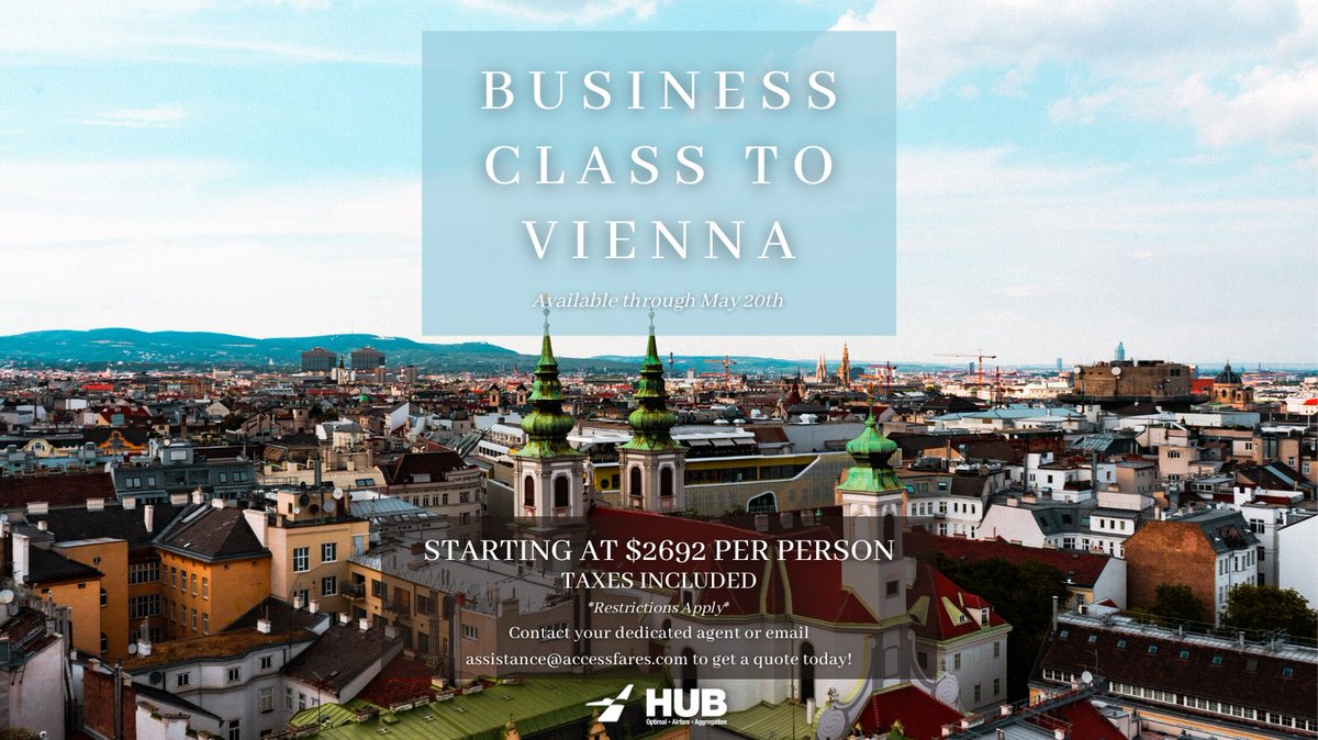 HubFares's tweet photo. Deal of the week! Low fares to Vienna, starting at $2692 per person.

Email assistance@accessfares.com for more info today!

#travel #aviation https://t.co/CF2KTK3FFc