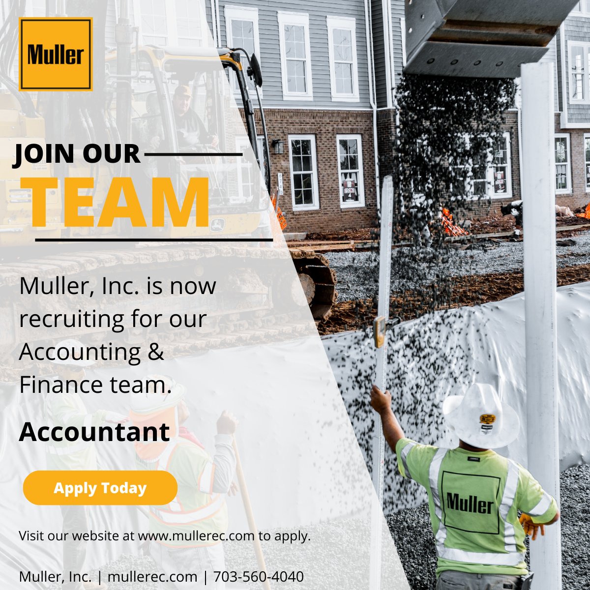 MullerInc_'s tweet photo. Join our Accounting & Finance team. Apply today for our Accountant position. Visit our website to submit your resume. #HIRINGNOW #hiringalert #Accounting #ConstructionJobs #construction #teammuller https://t.co/bnDYWSt0PK