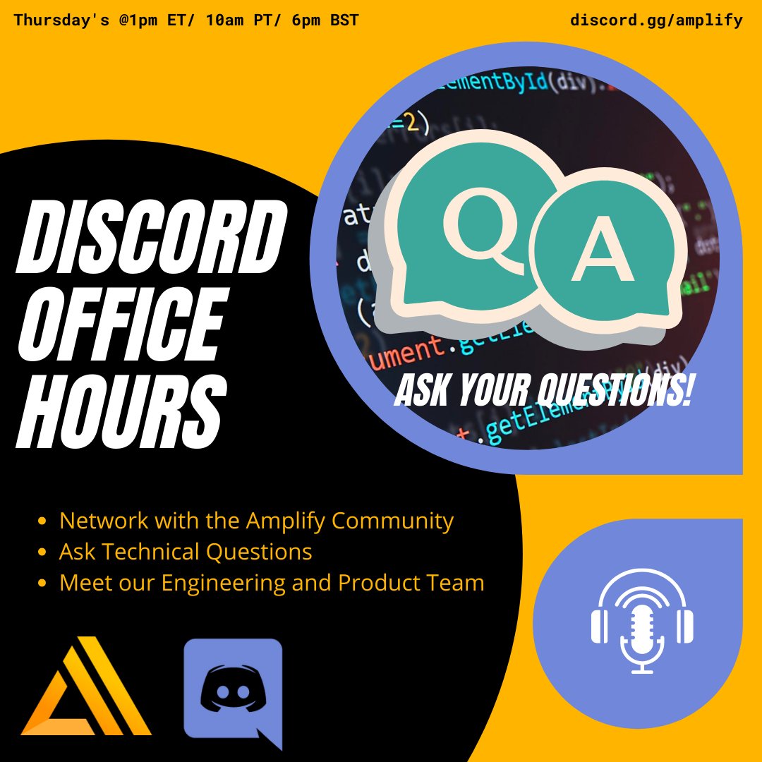 Come join us for <a href="/AWSAmplify/">AWS Amplify</a> Discord Office Hours @ 1 PM ET / 10 AM PT today!

<a href="/_Mo_Malaka_/">Mo Malaka 💙</a> <a href="/josefaidt/">josef</a> #serverless

discord.gg/S9M2PtDU?event…