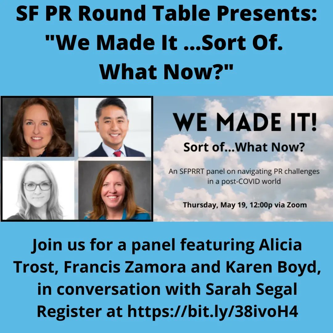 SFPRRoundTable's tweet photo. Today's @SFPRRoundTable newsletter is out with news about our May 19 panel featuring a great line-up of PR pros: @KarenBoyd @AliciaTrost @fre028 and @SarahSegal. Register here: https://t.co/hkRZge7M4e #greatPR #sfprrt https://t.co/Wk6unLZyHr