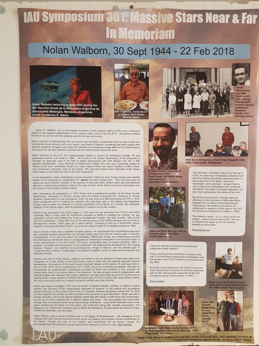 Paul_Crowther's tweet photo. Organisers of @IAUS361 have kindly arranged in memoriam posters of colleagues whom we have lost in recent years, incl Peter Conti, Simon Clark, Nolan Walborn and Adi Pauldrach. All are greatly missed #IAUS361 https://t.co/6QsPDkqMDF