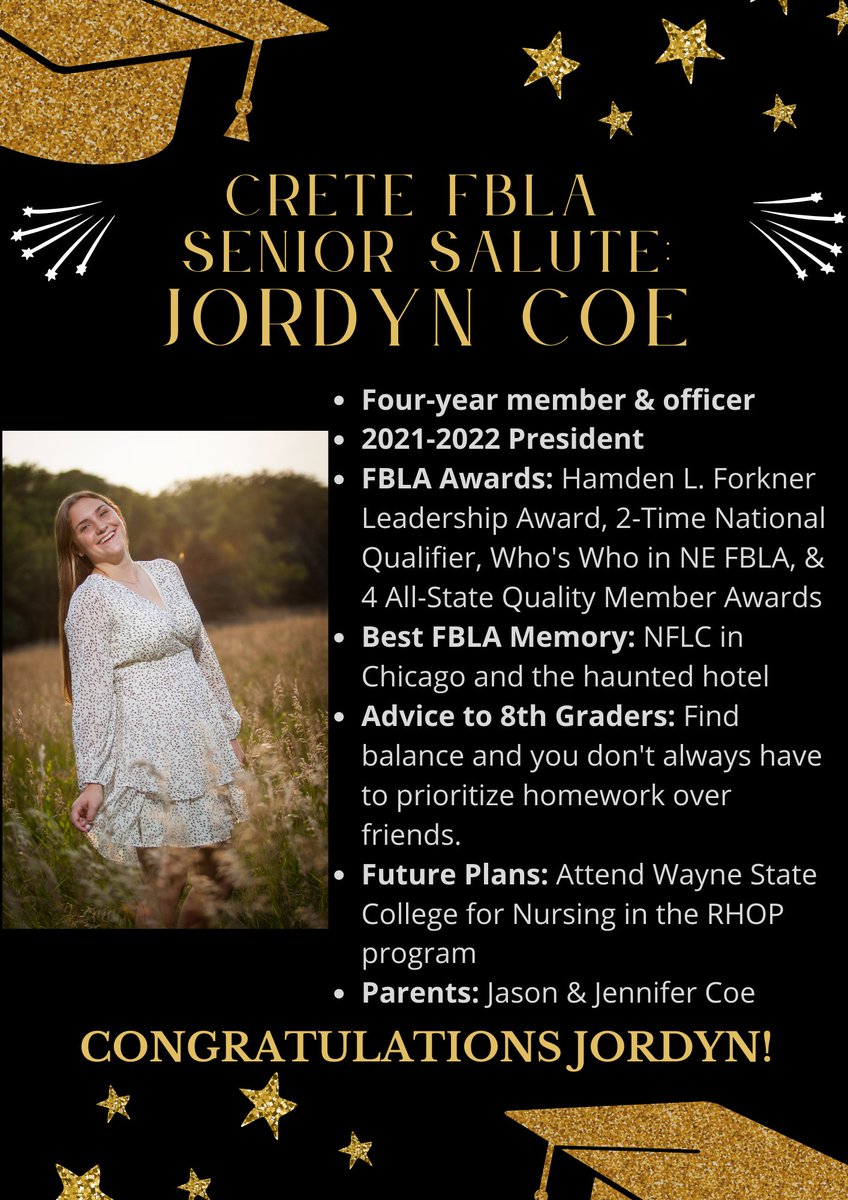 Congratulations Jordyn &amp; thanks for your leadership &amp; dedication to FBLA! #CreteCardinals #Classof2022