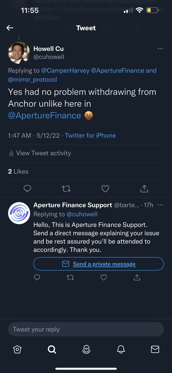 cuhowell's tweet photo. @ApertureFinance @mirror_protocol People i have receive response from certain aperture help desk but sounds fishy can anyone confirm if you have followed their instructions to withdraw your money from aperture https://t.co/ZgfXGirRYK