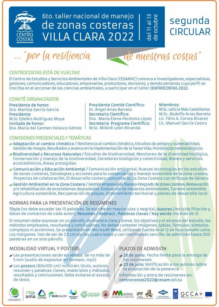 Convoca el <a href="/cesam_vc/">CESAMVC</a>, en sinergia con  otras organizaciones del país, al 6to taller nacional de manejo de zonas  costeras 🌊. #VillaClara 2022.
🗓 Del 11 al 13 de octubre  del 2022 
Mas info 👇

#ProyectoMiCosta
#DesarrolloSostenible
#Cuba