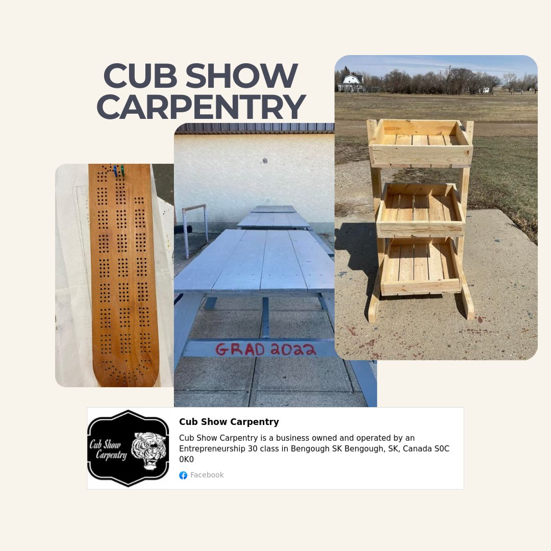 JaSaskatchewan's tweet photo. Entrepreneurship 30 students of Bengough School created the Cub Show Carpentry company featuring handcrafted woodwork items.  Support our young entrepreneurs and get some great products!  Check out their Facebook page or email cubshowcarpentry@outlook.com. https://t.co/PJUq6M7GT2