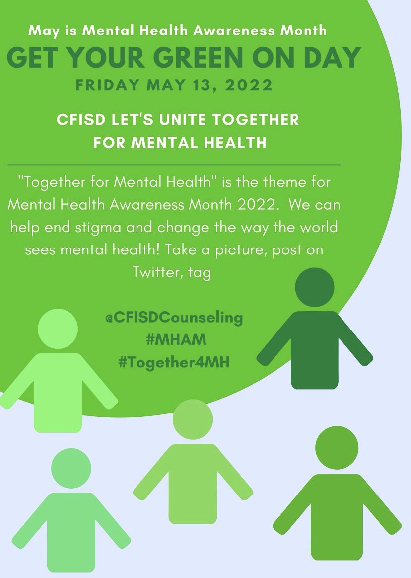 CWHSCounselors's tweet photo. Don’t forget to wear Green tomorrow! Post your pica And include the hashtag #CyWoodsMentalHealth22
#CyWoods212 https://t.co/VZ66BbBhuz