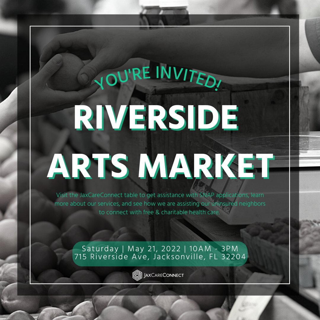 YOU'RE INVITED!

JaxCareConnect has joined forces with @PreservationJax to participate in their weekly @RAMJacksonville.

Resources: riversideartsmarket.org
#jaxcareconnect #nonprofit #healthequity #duvalcounty #uninsured #RAM #RiversideArtsMarket #jaxflorida #jacksonvilleflorida