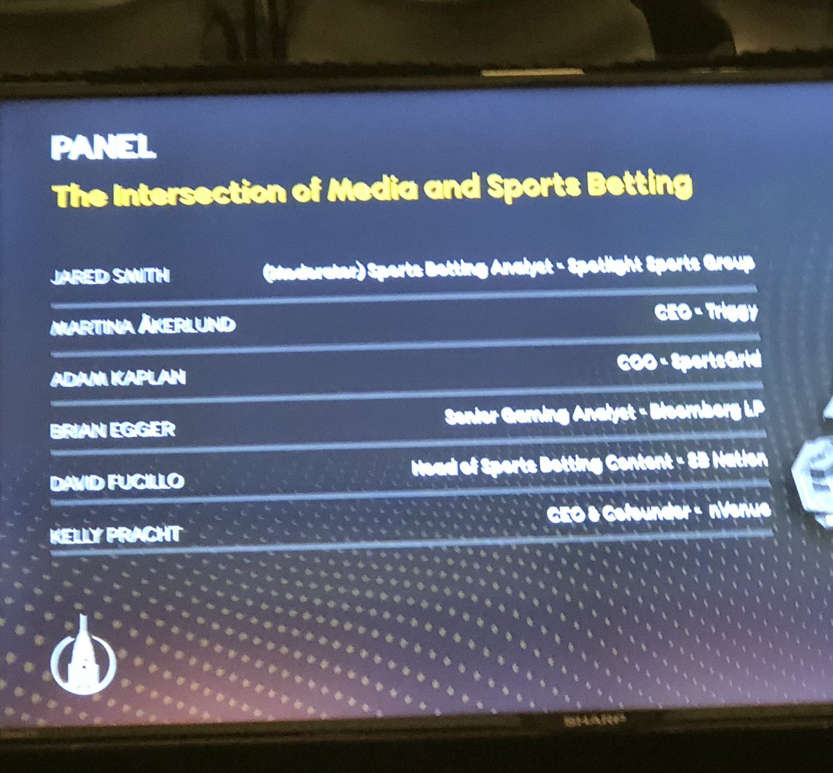 The view from the dais as we get ready to tackle the intetersection of media and #sportsbetting (in just 30 minutes) … thanks again to @iGamingNEXT and my fellow panelists Jared Smith, Adam Kaplan, Martina Åkerlund, David Fucillo and Kelly Pracht for a great panel!