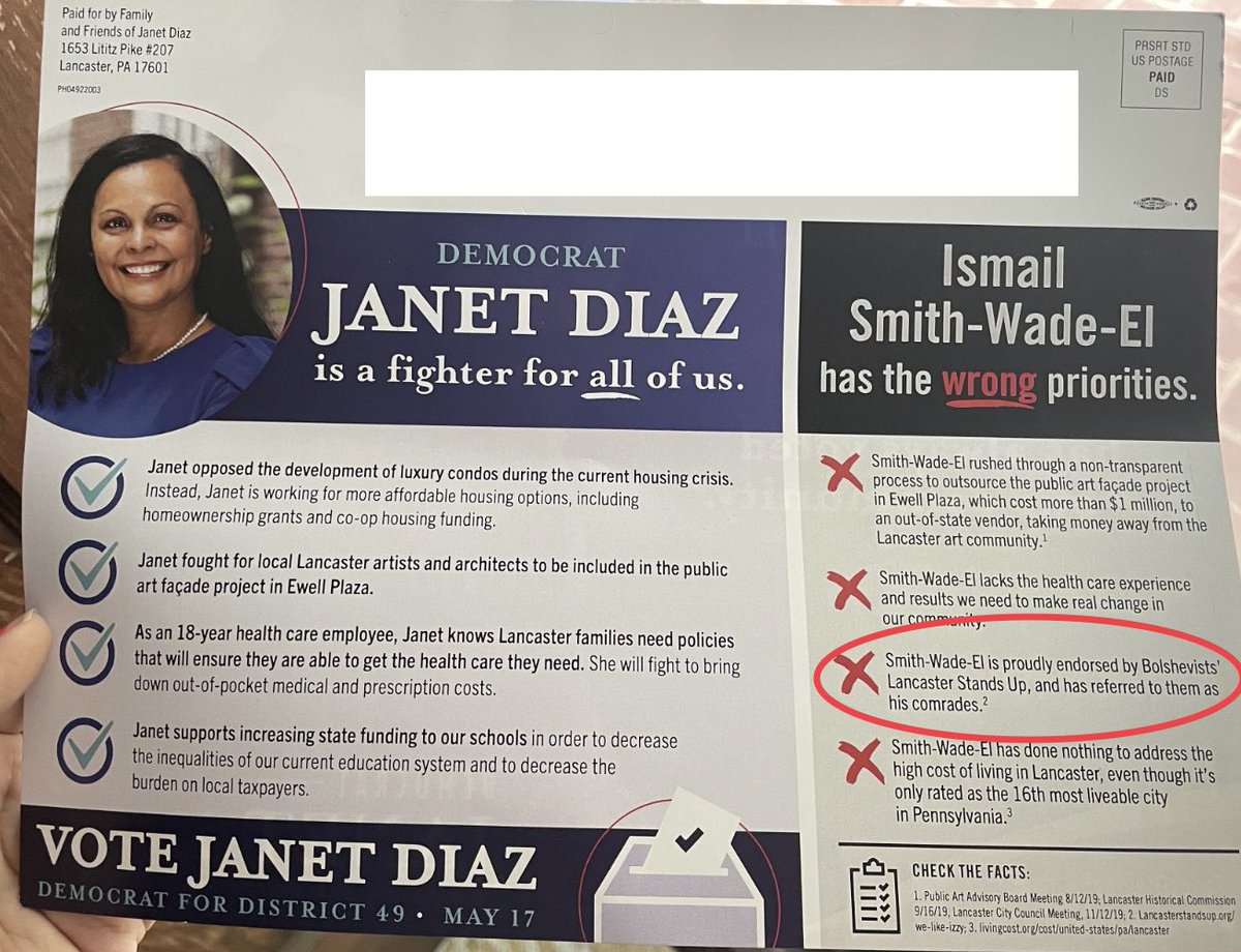 jonathansmucker's tweet photo. Imagine running in a Democratic primary and slandering the largest grassroots progressive political organization in your district as "Bolshevist"

This is shameful behavior from @JanetDiazforPA https://t.co/bT0PGLp5Bk