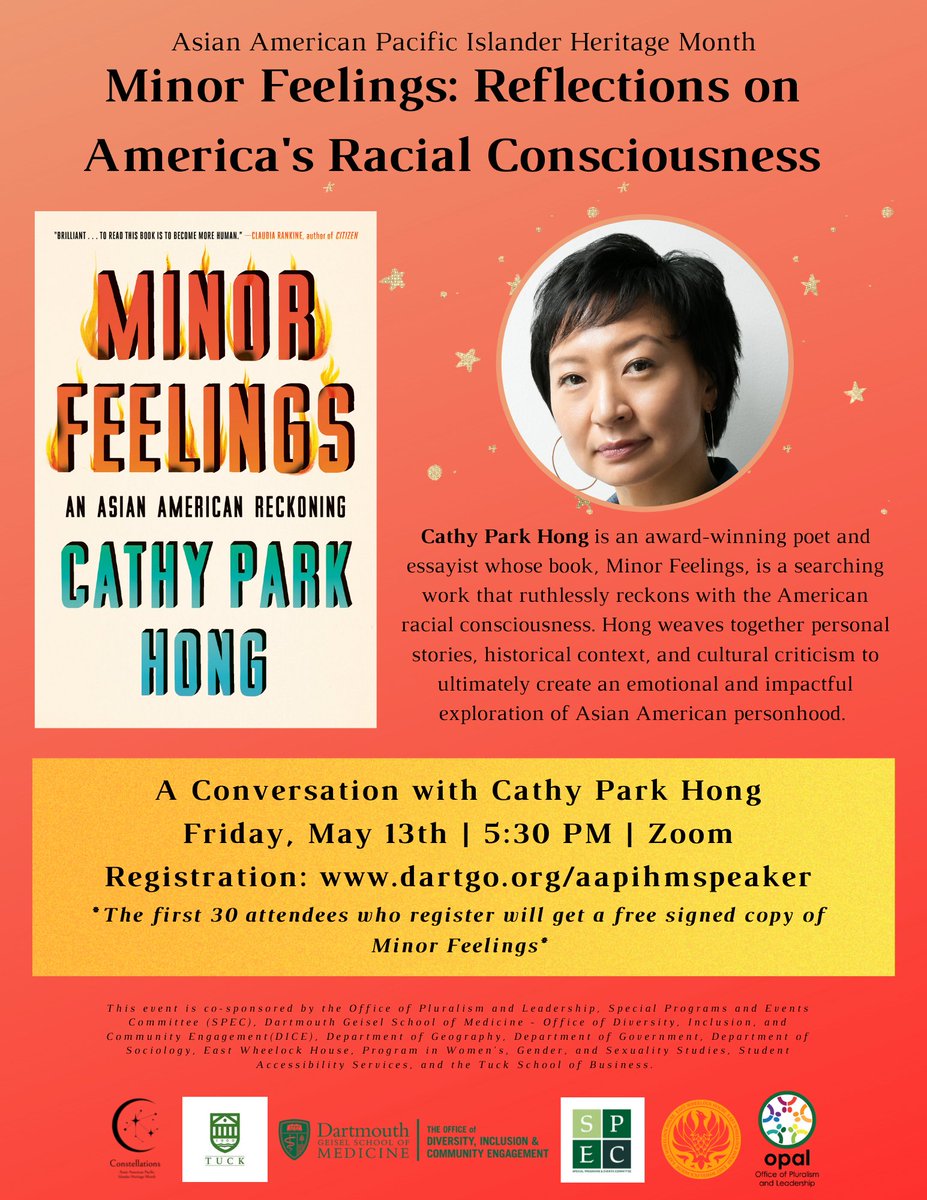 Minor Feelings: Reflections on America's Racial Consciousness
Friday, May 13th | 5:30 pm | Zoom
Register Here: dartgo.org/aapihmspeaker

Join Cathy Park Hong (<a href="/cathyparkhong/">cph</a>), author of "Minor Feelings," for a moderated conversation followed by an audience Q&amp;A!