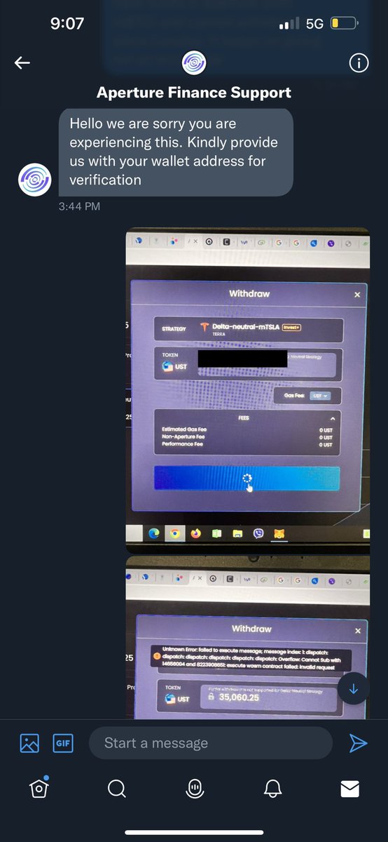 cuhowell's tweet photo. @ApertureFinance @mirror_protocol Here is our conversation. Not sure if they are from aperture https://t.co/Gnxe8eOLuR