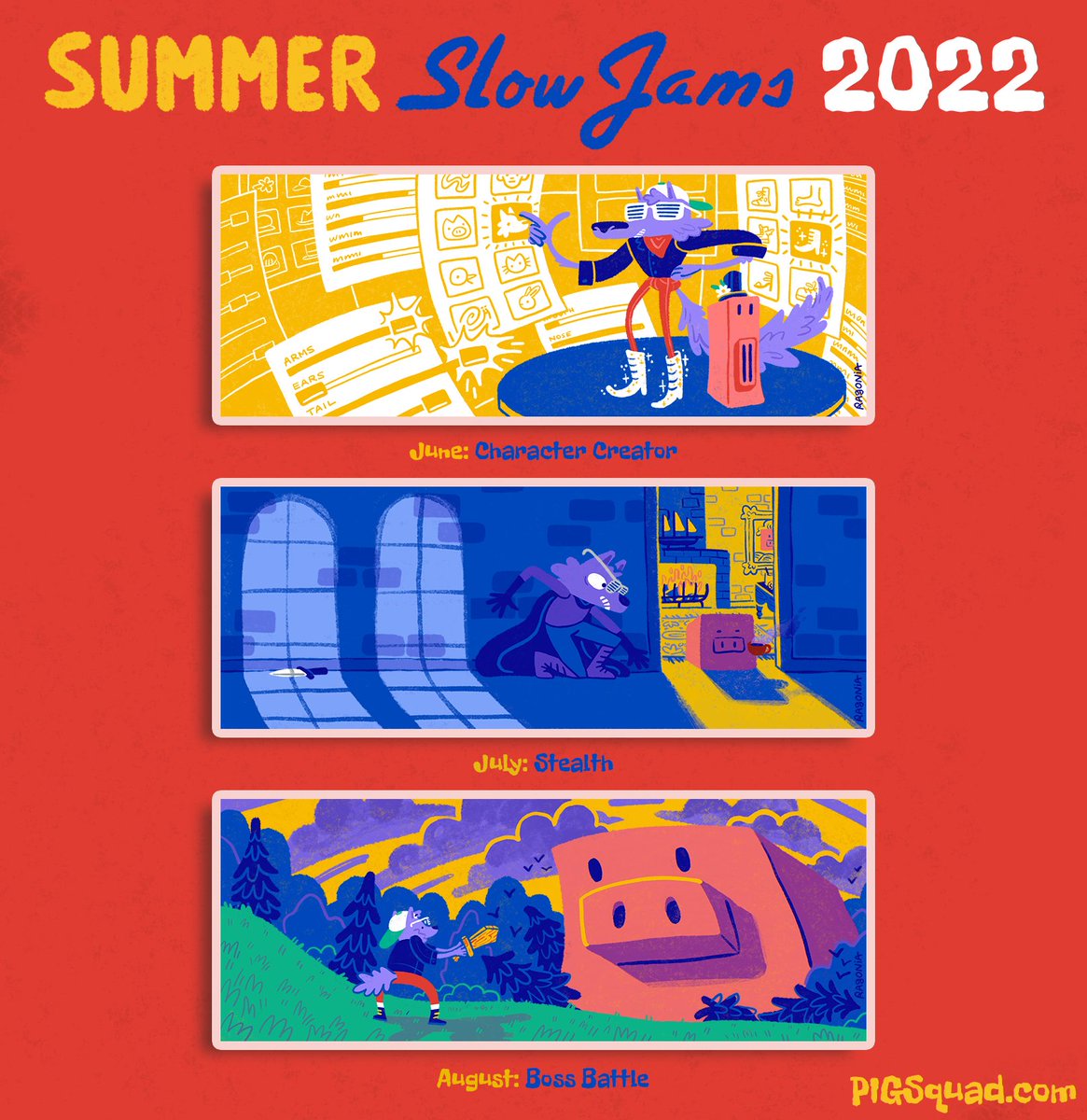 PIGSquad's tweet photo. Summer Slow Jams dates and themes are live for June, July, and August! Learn and collaborate with the community to make games every month this summer ~ more details at https://t.co/D69JX6RVHG
Hats off to @ragonia_ for this year's wonderful event art! 🤩🌞
#summerslowjams #gamejam https://t.co/GuYrLJEyaU