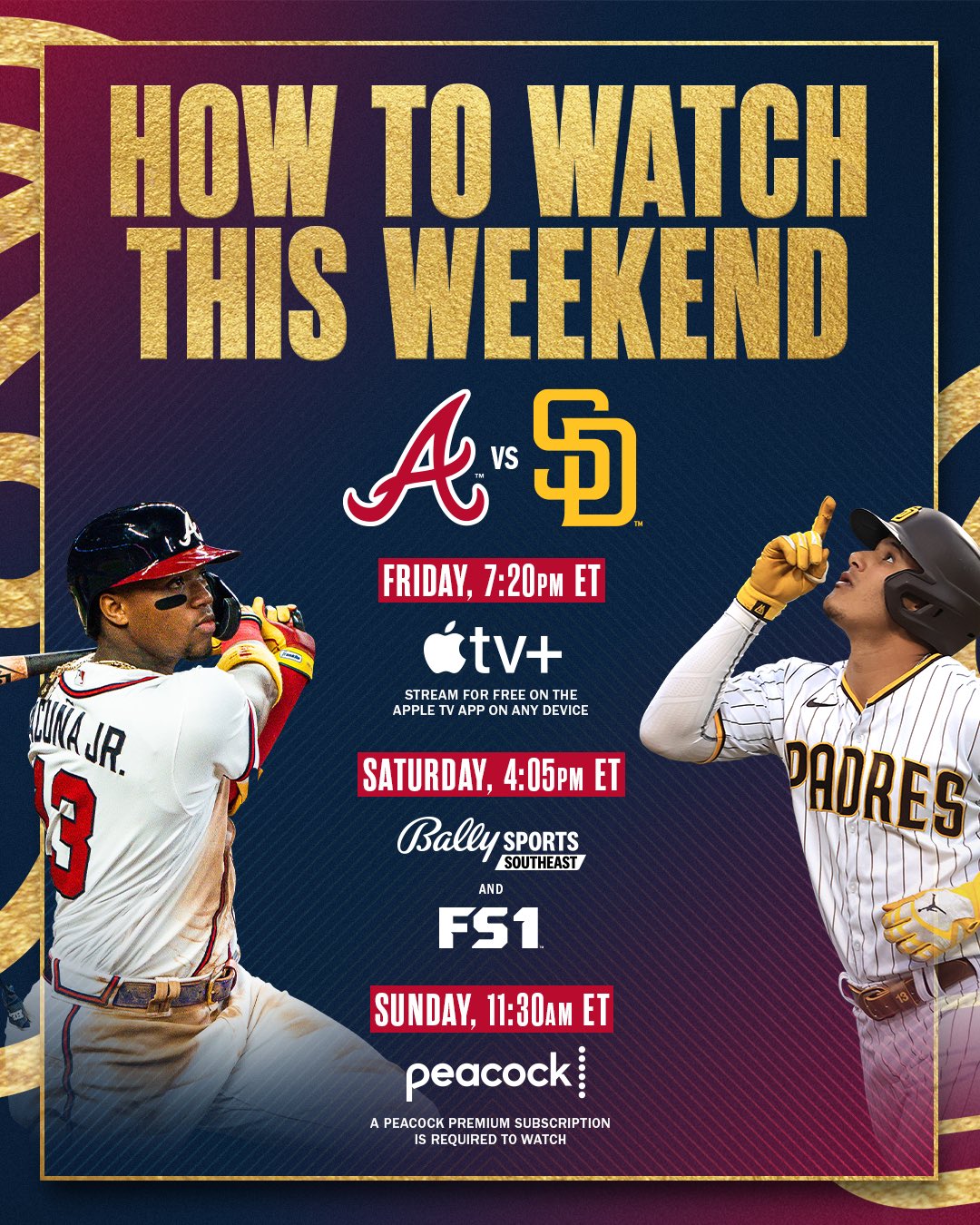 Atlanta Braves on Twitter: "Tune-in info for this weekend's series against  the Padres ⬇️ MORE INFO: https://t.co/BPAlz9IeJn https://t.co/OdUBF9dFfG" /  Twitter