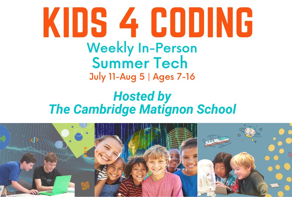 kids4coding's tweet image. RT: Kids 4 Coding is gearing up for our weekly summer tech hosted by the @MatignonHS
July 11-Aug 5 ages 7-16. Use code: save$50 for any in-person registration #Buildingbrightfutures #stemreadykids #futuresuccess #Python #JavaScript #Driverlesscars #AI Kids4Coding.com
