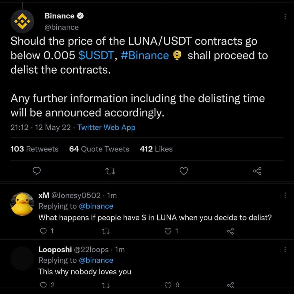 theanh28th's tweet photo. Binance said it will delist Luna if the price falls below 0.005. https://t.co/ouR6y7GNNQ